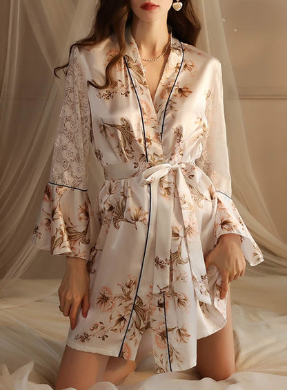 Sexy silk lace embroidery low cut open back sheer cut-out belt pajamas sundress sundress bathrobes