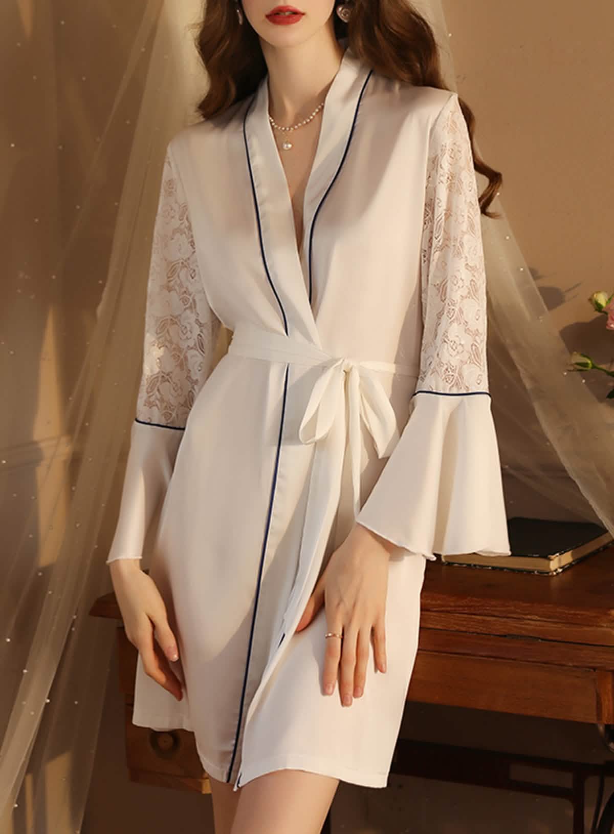 Sexy silk lace embroidery low cut open back sheer cut-out belt pajamas sundress sundress bathrobes