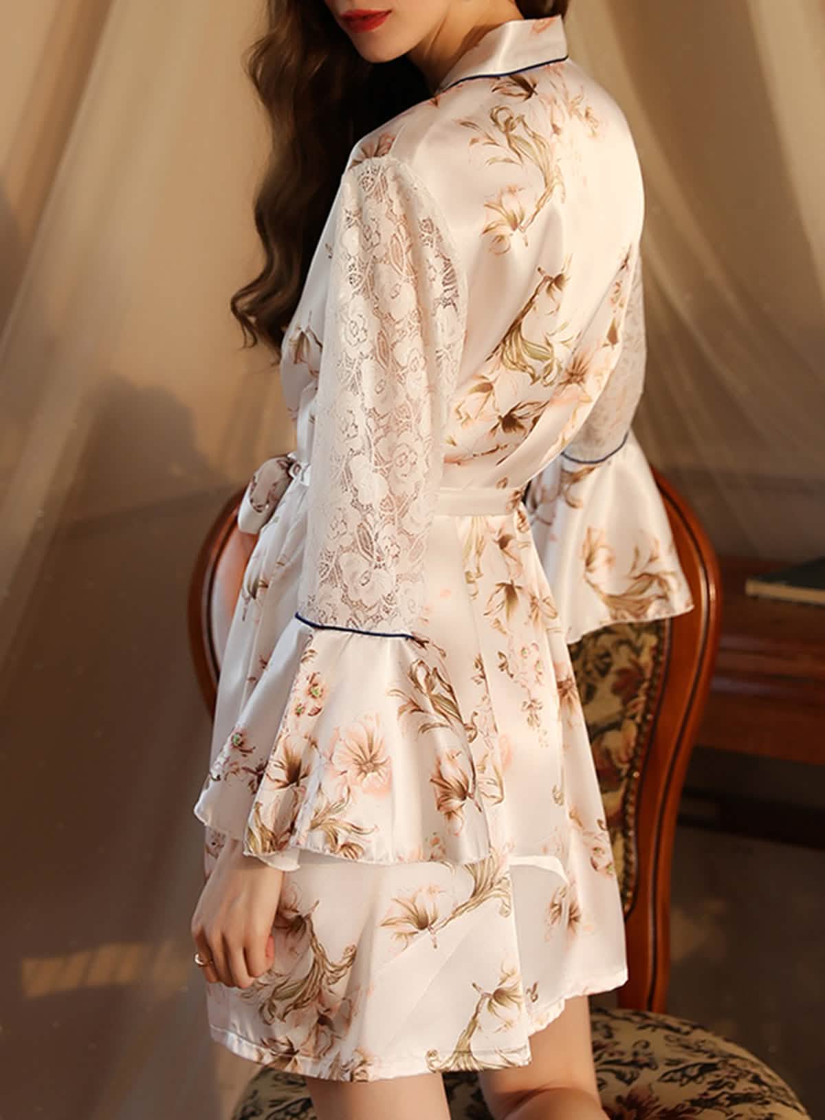 Sexy silk lace embroidery low cut open back sheer cut-out belt pajamas sundress sundress bathrobes