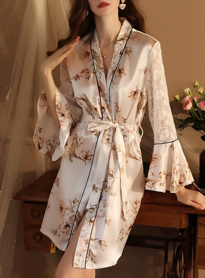 Sexy silk lace embroidery low cut open back sheer cut-out belt pajamas sundress sundress bathrobes