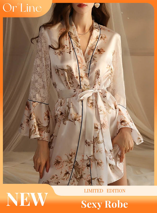 Sexy silk lace embroidery low cut open back sheer cut-out belt pajamas sundress sundress bathrobes