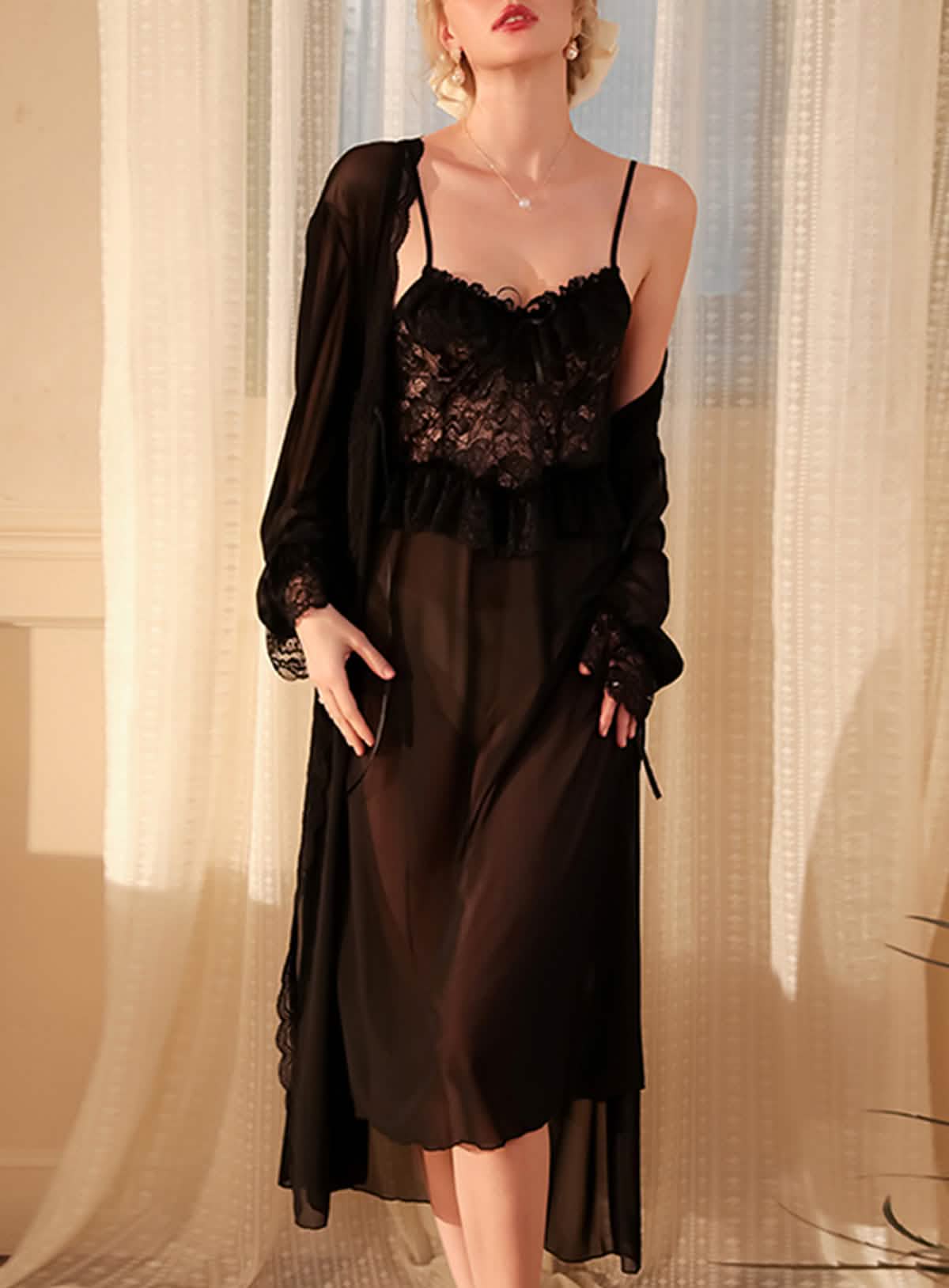 Sexy silk lace embroidery low cut see-through pajamas nightgowns sundress set bathrobe