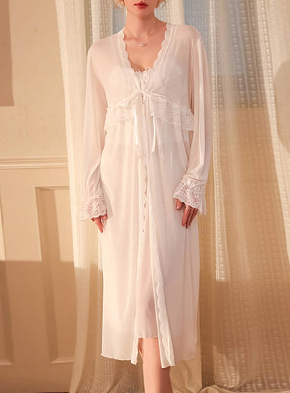 Sexy silk lace embroidery low cut see-through pajamas nightgowns sundress set bathrobe