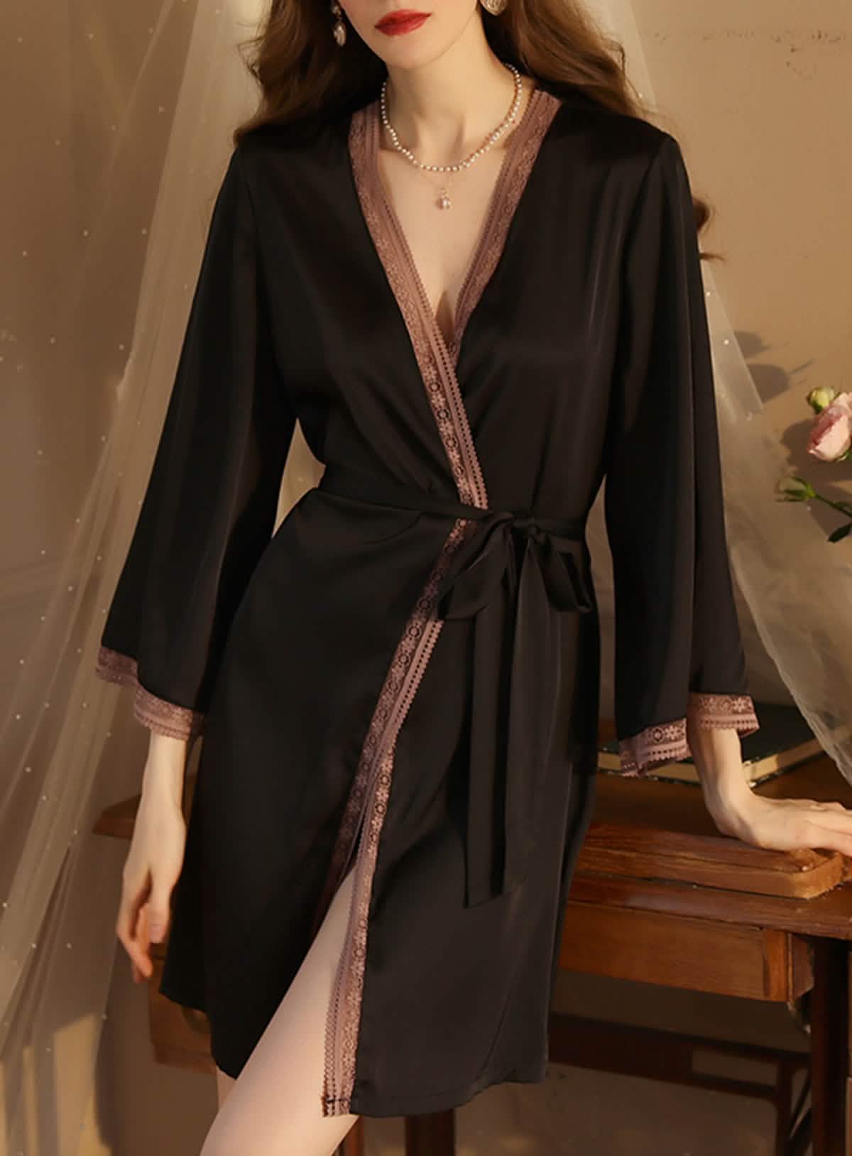 Sexy silk palace style embroidery embroidered lace lingerie suspender pajamas pajamas nightgown bathrobe set