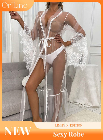 Sexy white lace embroidery French court style belt belt sheer cut-out pajamas nightgown bathrobes