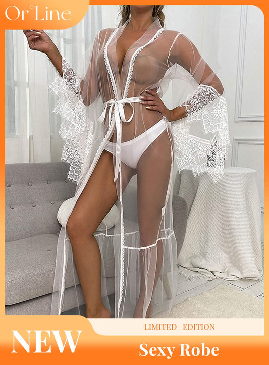 Sexy white lace embroidery French court style belt belt sheer cut-out pajamas nightgown bathrobes