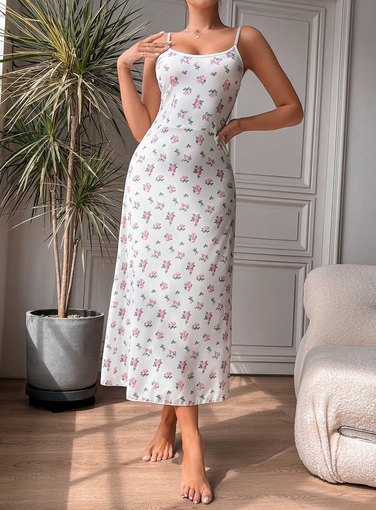 Sexy white silk printed lingerie sheer cut-out seduction exposing sundress, miniskirt, pajamas, pajamas