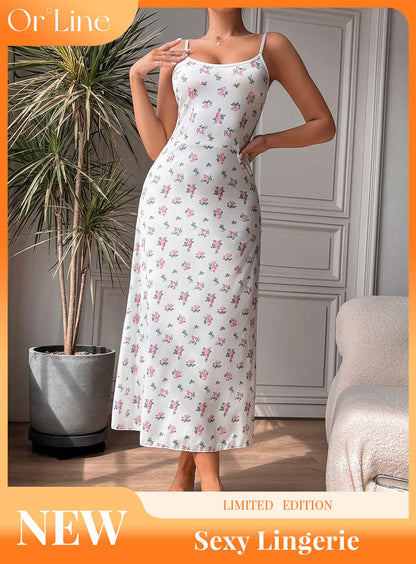 Sexy white silk printed lingerie sheer cut-out seduction exposing sundress, miniskirt, pajamas, pajamas