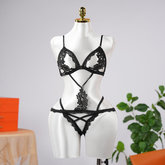 Sexy Black Lace Embroidery Erotic Cut-Out Bodysuit