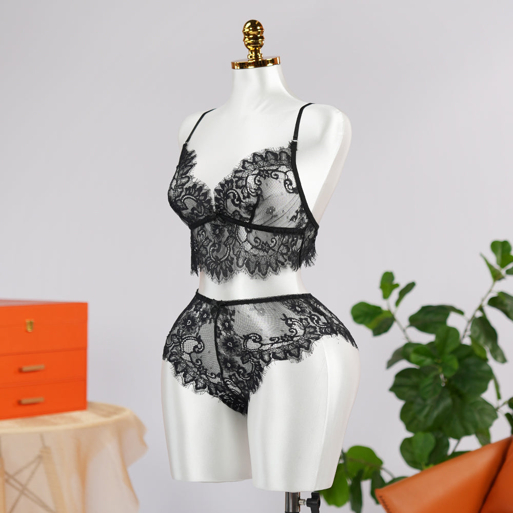 Sexy Black Lace Embroidery Lingerie See-Through Sexy Bra Panties Set