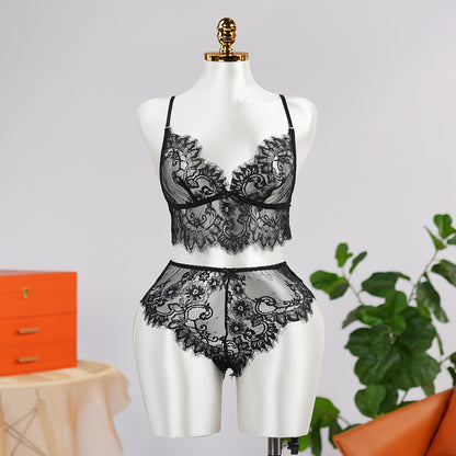 Sexy Black Lace Embroidery Lingerie See-Through Sexy Bra Panties Set