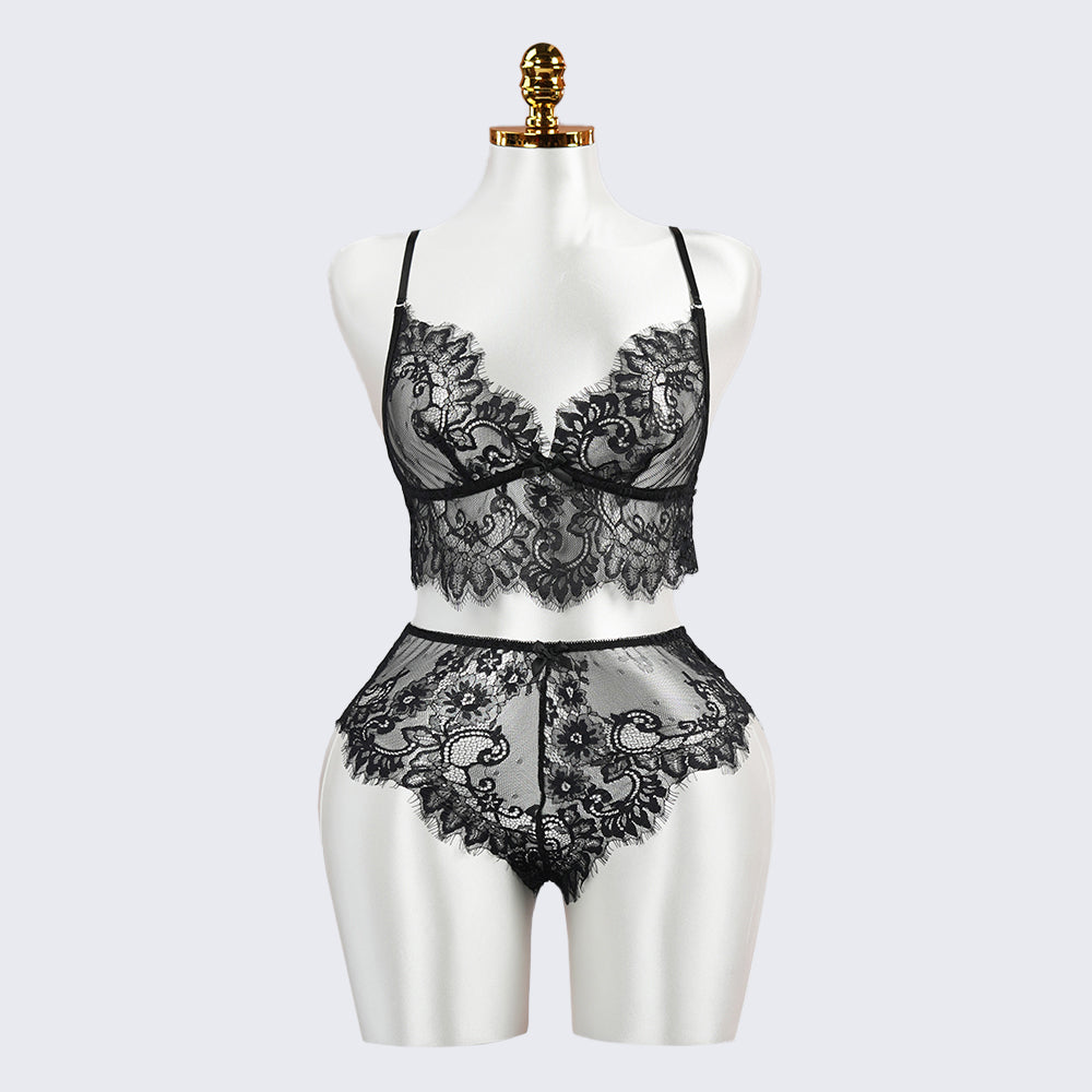 Sexy Black Lace Embroidery Lingerie See-Through Sexy Bra Panties Set