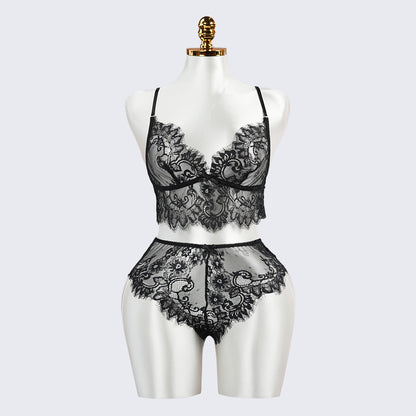 Sexy Black Lace Embroidery Lingerie See-Through Sexy Bra Panties Set
