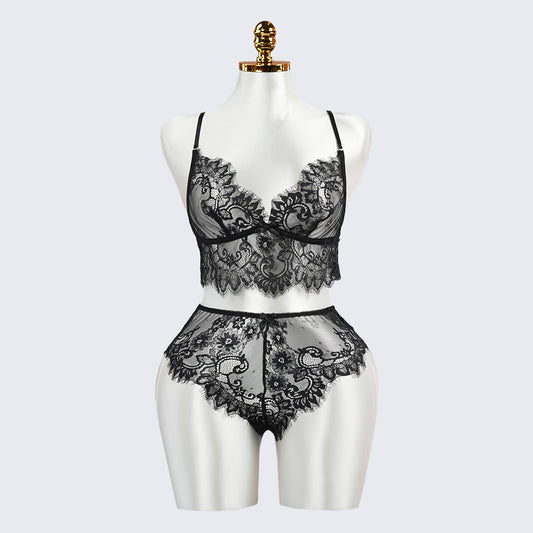 Sexy Black Lace Embroidery Lingerie See-Through Sexy Bra Panties Set