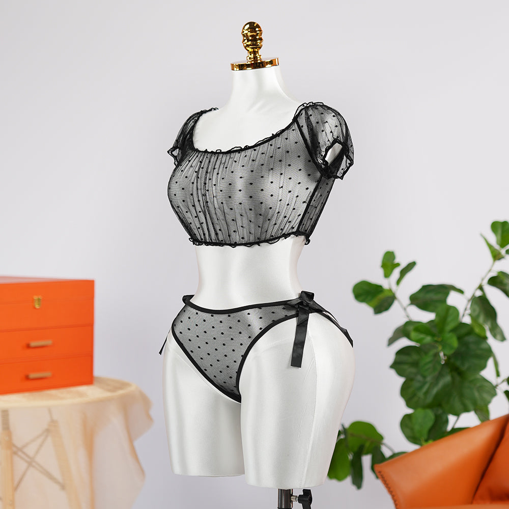 Black Polka Dot See-Through Hollow Bra Panty Set