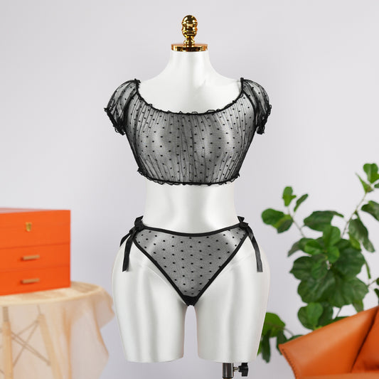 Black Polka Dot See-Through Hollow Bra Panty Set