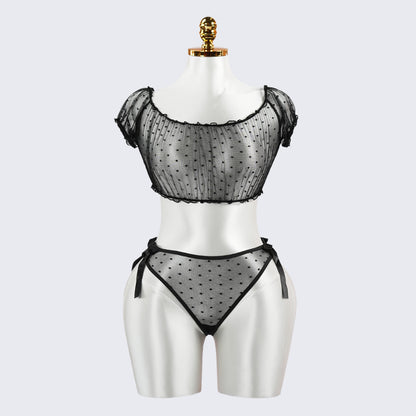 Black Polka Dot See-Through Hollow Bra Panty Set