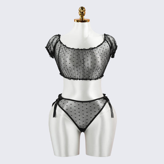 Black Polka Dot See-Through Hollow Bra Panty Set