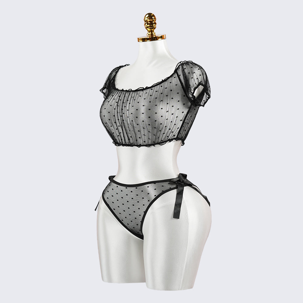 Black Polka Dot See-Through Hollow Bra Panty Set