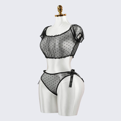 Black Polka Dot See-Through Hollow Bra Panty Set