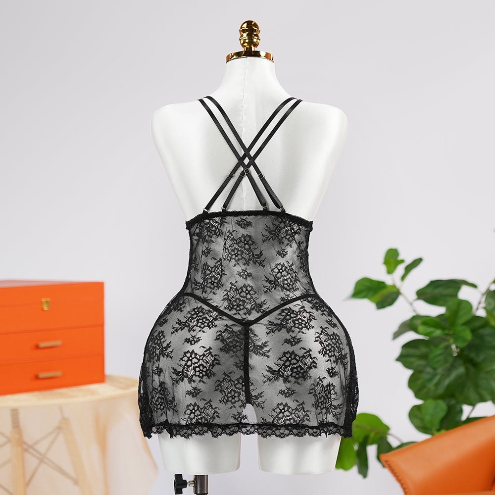 Sexy Black Lace Embroidery Sheer Seduction Babydoll Lingerie