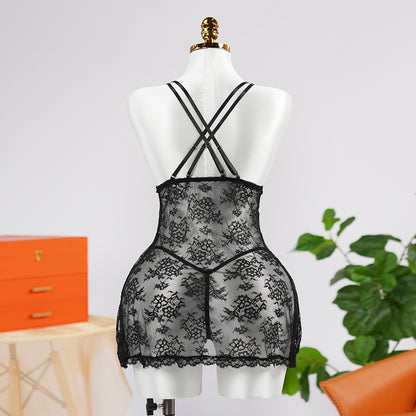 Sexy Black Lace Embroidery Sheer Seduction Babydoll Lingerie