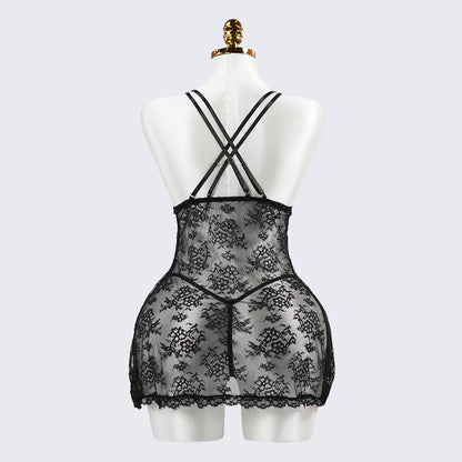 Sexy Black Lace Embroidery Sheer Seduction Babydoll Lingerie
