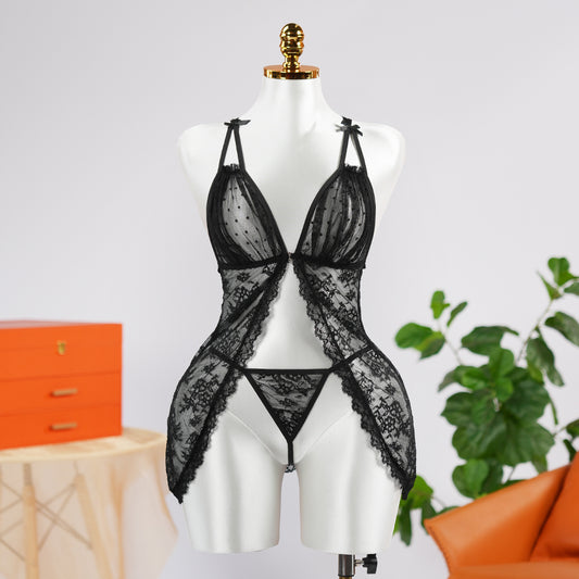 Sexy Black Lace Embroidery Sheer Seduction Babydoll Lingerie