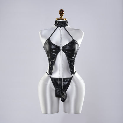 Sexy Black Leather Lingerie Bodysuit