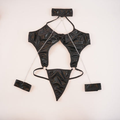 Sexy Black Leather Lingerie Bodysuit