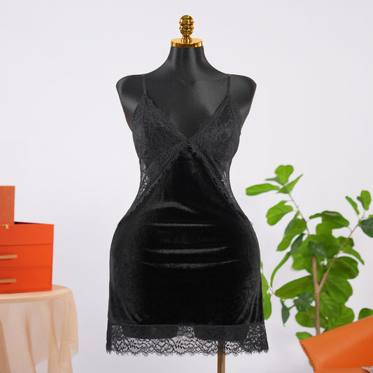 Sexy Black Silk Lace Embroidery Dress