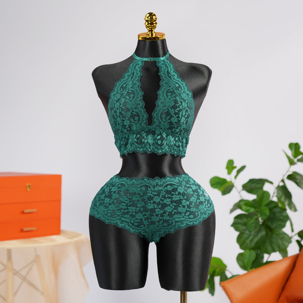 Sexy Green Lace Embroidery Halter Neck Bra Panty Set