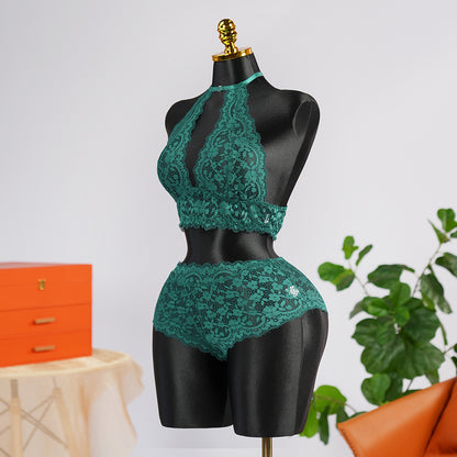 Sexy Green Lace Embroidery Halter Neck Bra Panty Set