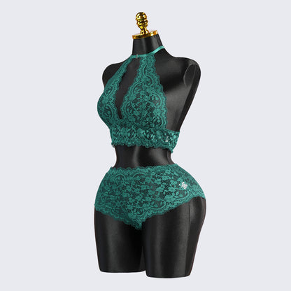 Sexy Green Lace Embroidery Halter Neck Bra Panty Set