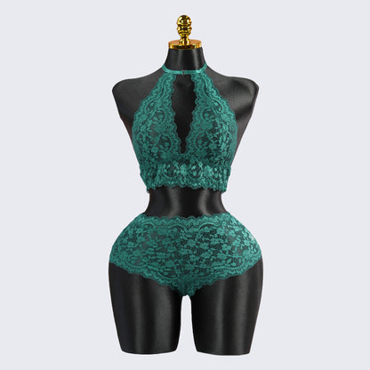 Sexy Green Lace Embroidery Halter Neck Bra Panty Set