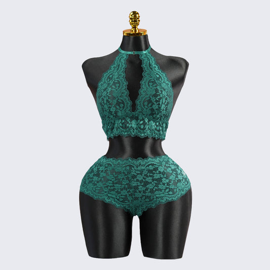 Sexy Green Lace Embroidery Halter Neck Bra Panty Set