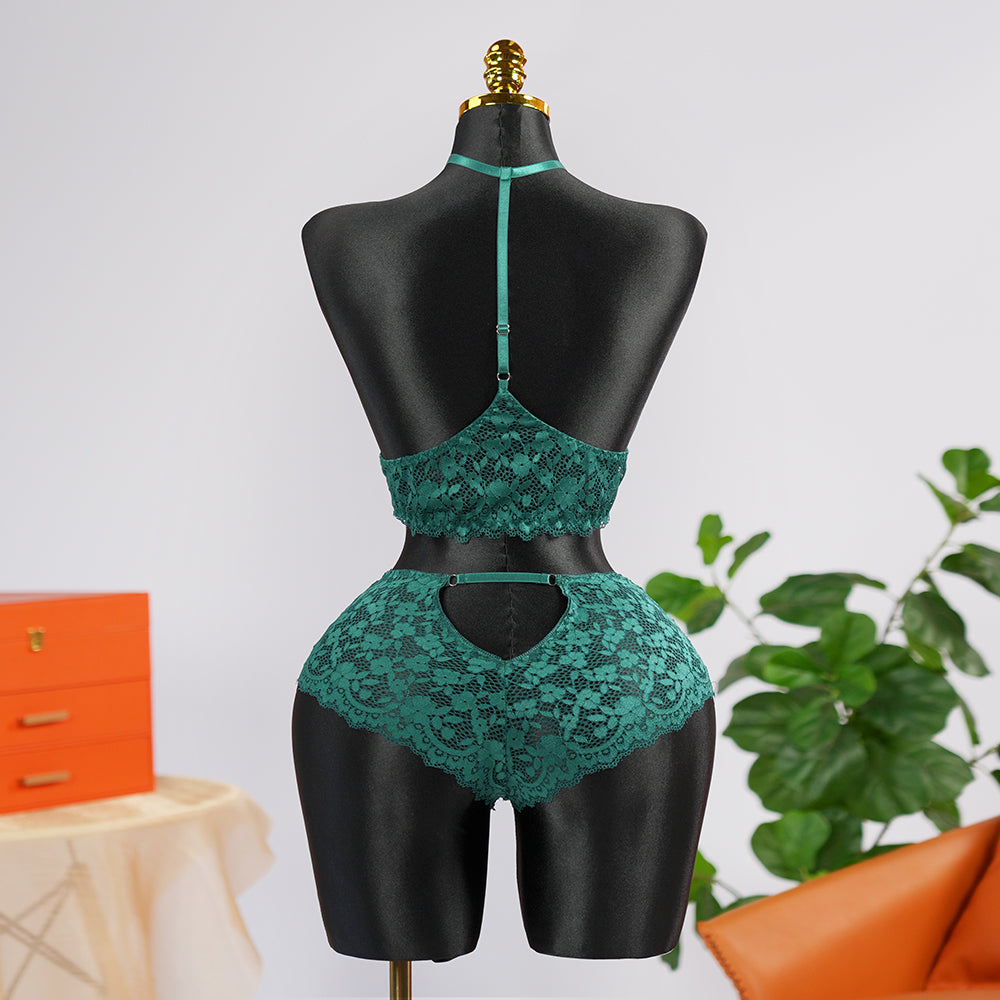 Sexy Green Lace Embroidery Halter Neck Bra Panty Set