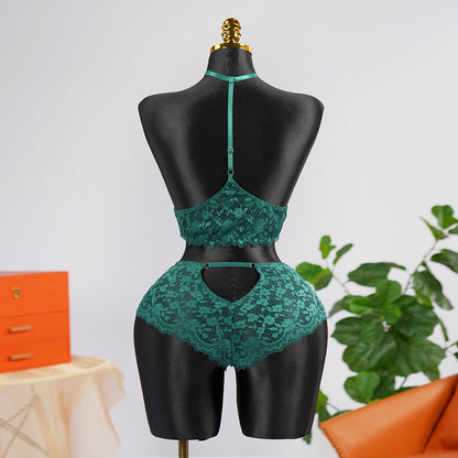 Sexy Green Lace Embroidery Halter Neck Bra Panty Set