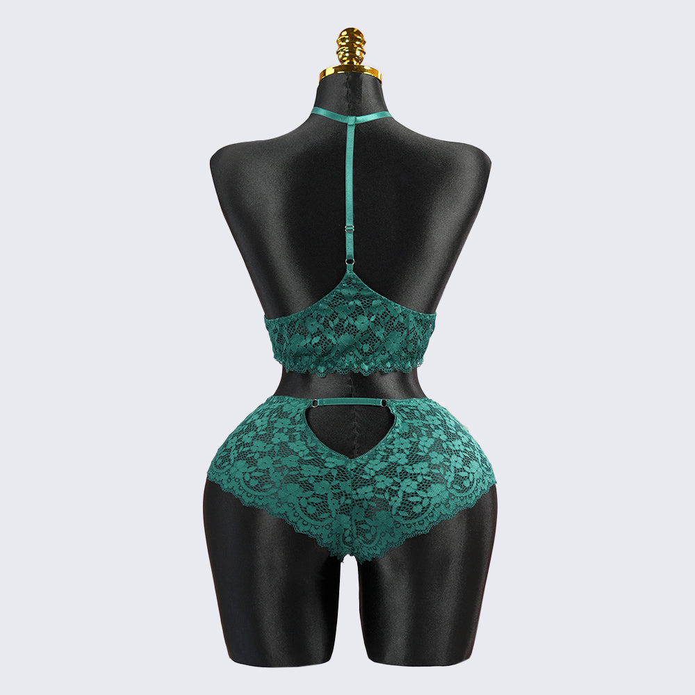 Sexy Green Lace Embroidery Halter Neck Bra Panty Set