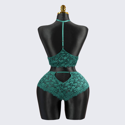 Sexy Green Lace Embroidery Halter Neck Bra Panty Set