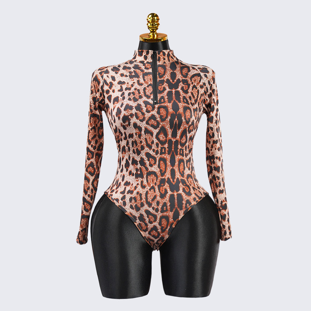 Sexy Leopard Long Sleeve Zipper Bodysuit