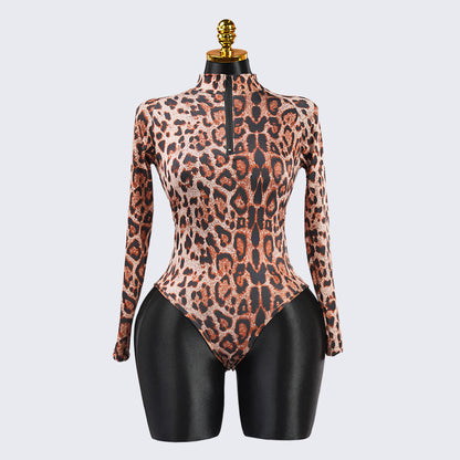 Sexy Leopard Long Sleeve Zipper Bodysuit