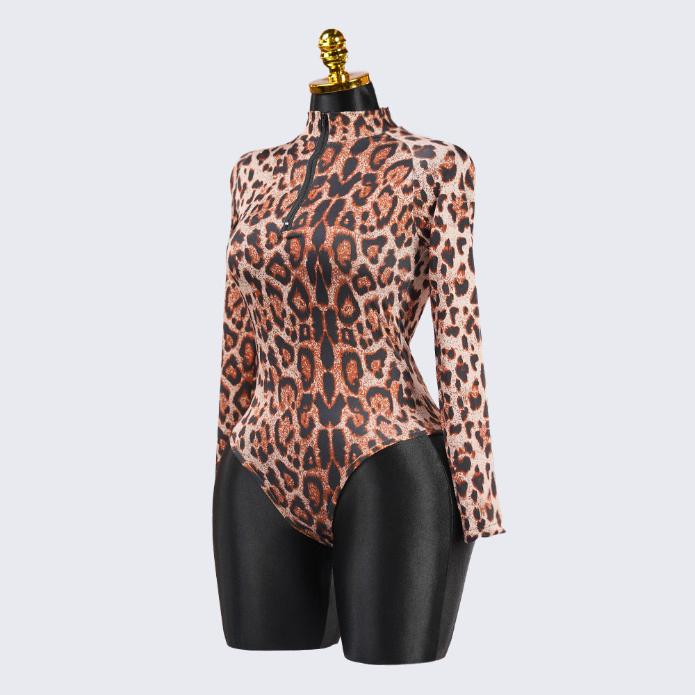 Sexy Leopard Long Sleeve Zipper Bodysuit