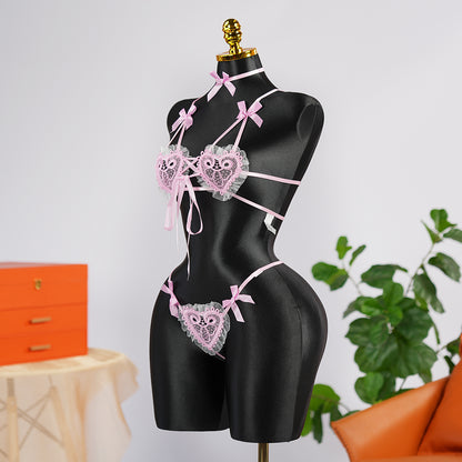 Sexy Pink Lace Embroidery Erotic Seduction Bra Thong Set