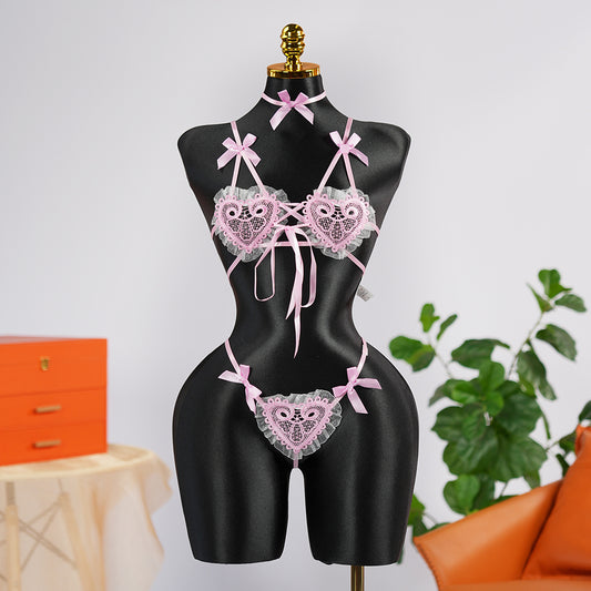 Sexy Pink Lace Embroidery Erotic Seduction Bra Thong Set