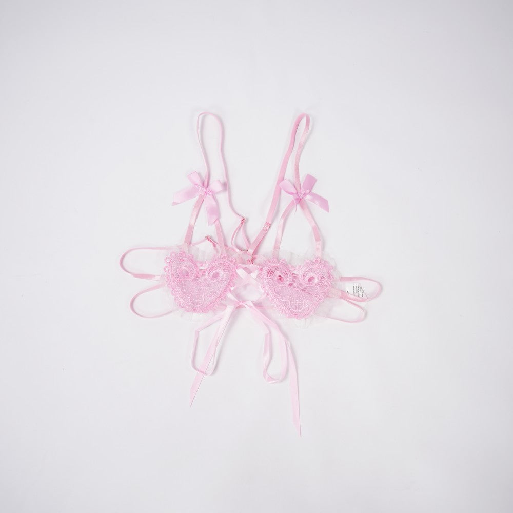 Sexy Pink Lace Embroidery Erotic Seduction Bra Thong Set