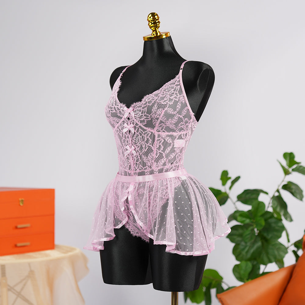 Sexy Pink Lace Embroidery Seduction Bodysuit Skirt Set