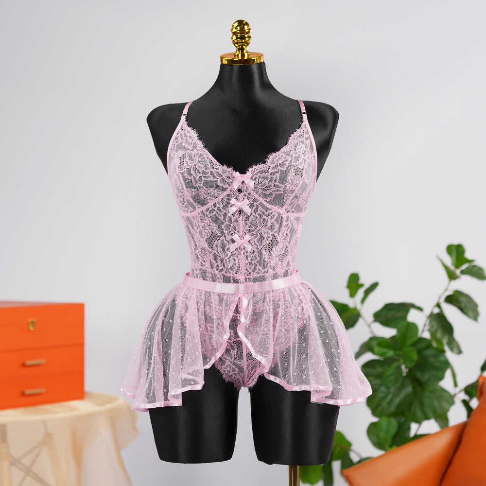 Sexy Pink Lace Embroidery Seduction Bodysuit Skirt Set