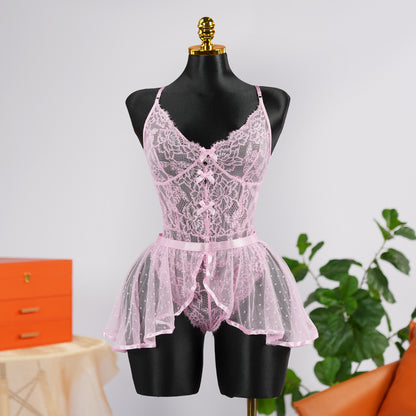 Sexy Pink Lace Embroidery Seduction Bodysuit Skirt Set