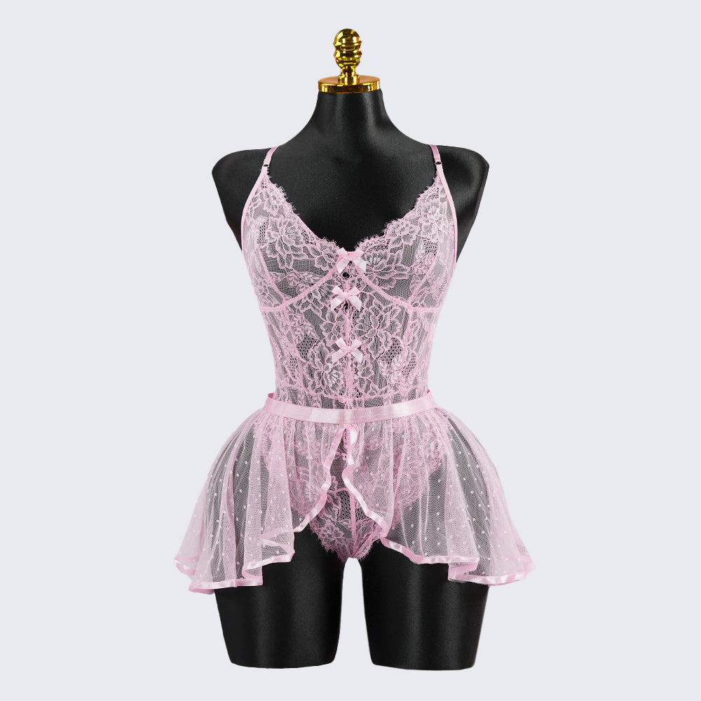 Sexy Pink Lace Embroidery Seduction Bodysuit Skirt Set